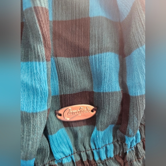 Candie's XL Blue & Black Plaid Sheer Blouse Bell Sleeve Velvet Tie Boho Top - Picture 9 of 9